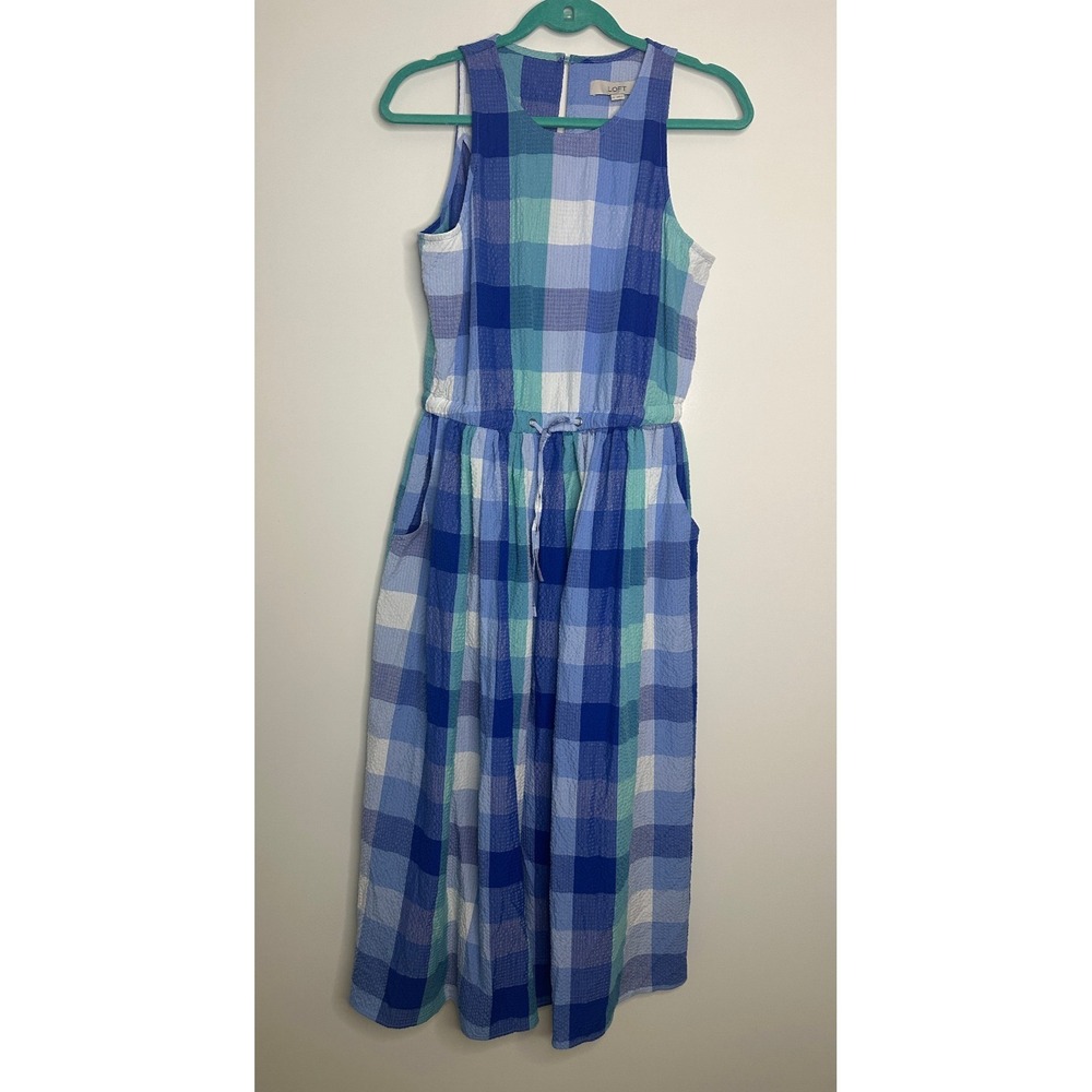 NWT LOFT Seersucker Blue Plaid Cutout Back Dress Midi Pocket Small Brunch Picnic - Picture 16 of 16